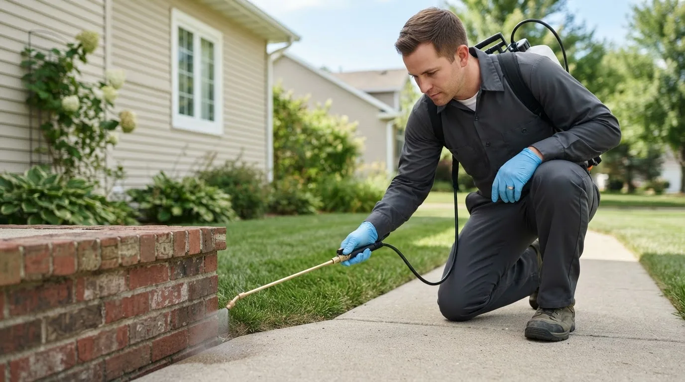 Pest control technician treating a home near Prides Crossing, MA